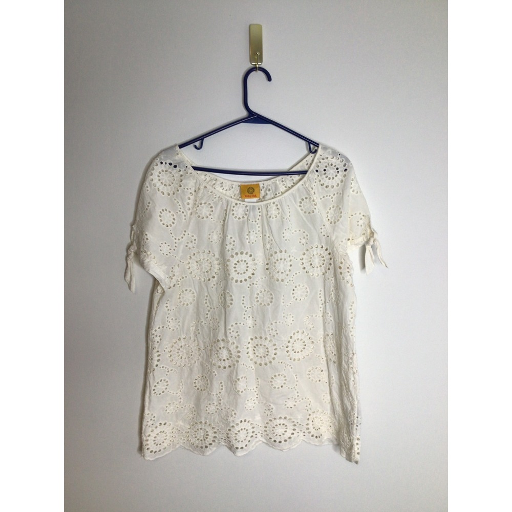 Ruby Rd. Eyelet Blouse Women Medium White Excellent Cotton Short Sleeve Tie Cuff